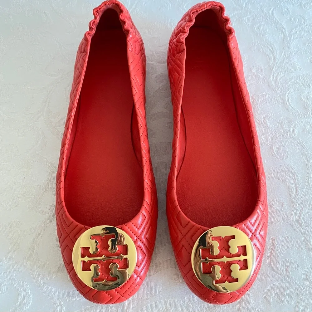 TORY BURCH Coral Minnie embellished quilted leather ballet flats